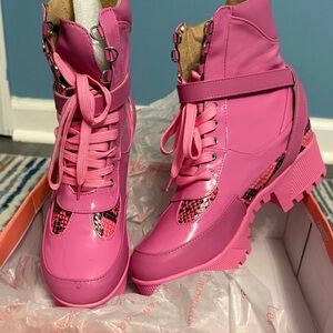 Pink Lace-Up Ankle Boots